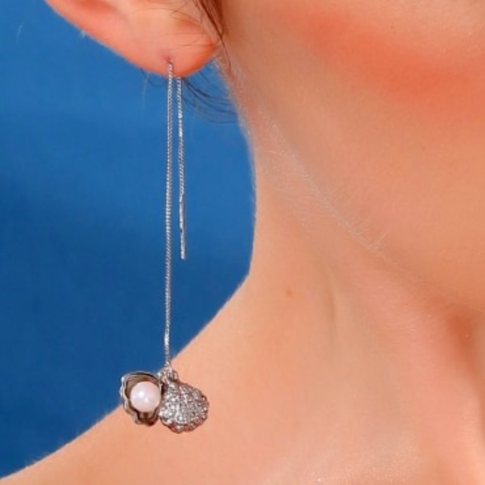 Pearl Open Clam Shell Long Dangle Earrings